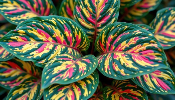 close up view of croton leaves with colorful patches of yellow, red, and green in wild patterns. photo