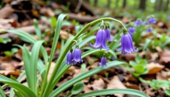 close up view of bluebell leaves narrow and arching gently toward the soil in a woodland setting. photo