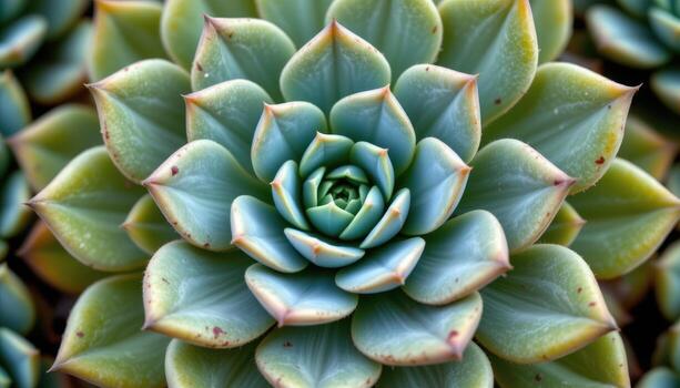 close up view of succulent leaves thick and rounded, stacked in precise geometric patterns. photo