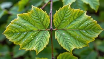 close up view of ash tree leaves paired opposite along a central stem with subtle veins showing. photo