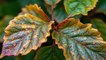 close up view of hickory leaves turning golden at the tips, crisp edges curling inward with age. photo