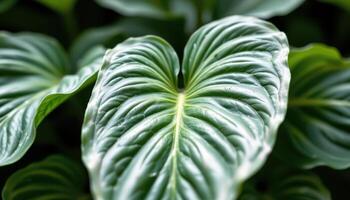 close up view of peace lily leaves arching outward with gentle ridges and a graceful sheen. photo