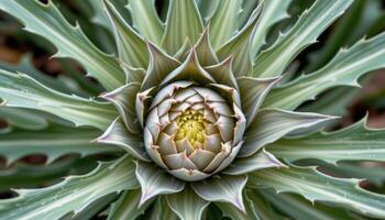 close up view of artichoke plant leaves jagged and silvery, stretching outward from a thick center. photo