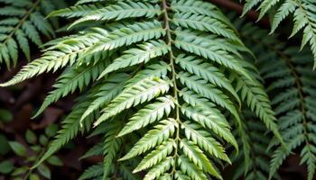 close up view of overlapping fern leaves in a shaded woodland area, each frond displaying perfect symmetry and subtle green gradients. photo