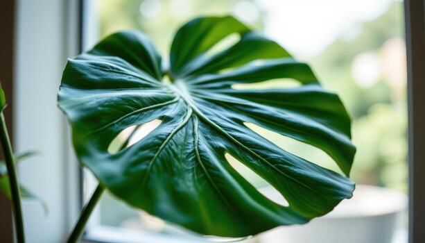 close up view of a vibrant monstera leaf with dramatic cut outs and glossy surface, catching soft indoor light near a window. photo