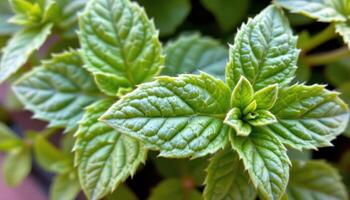 close up view of mint leaves with jagged edges and fine hairs on their surface, swaying lightly in a gentle breeze. photo