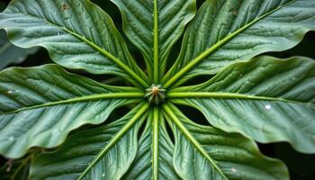 close up view of papaya leaves stretching outward from a central point, forming geometric patterns with their deeply lobed edges. photo