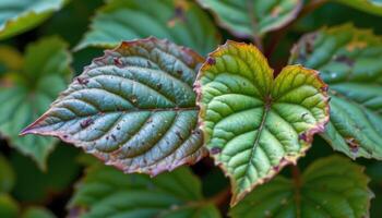close up view of curled mulberry leaves slowly changing color, with purple tints creeping along the veins toward the tips. photo