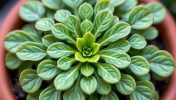 close up view of pilea leaves rounded like coins, arranged outward from a central stalk in a radiating pattern. photo