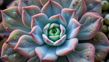 close up view of rosette shaped echeveria leaves, each petal like leaf curling slightly at the tips. photo
