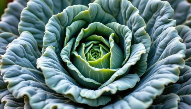 close up view of kale leaves curled tightly into decorative edges, with firm ridges and dense texture. photo
