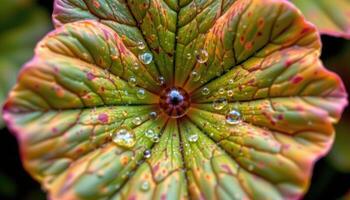 close up view of nasturtium leaves shaped like round shields, water beading perfectly in the center. photo