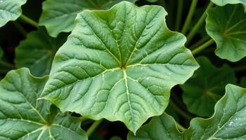 close up view of okra leaves with broad, hand like shapes and bold central veins. photo