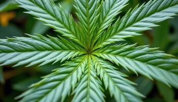 close up view of hemp leaves with narrow serrated fingers radiating in a star pattern. photo