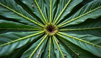 close up view of cassava leaves arranged like spokes from a wheel, their deep green tone catching soft light. photo