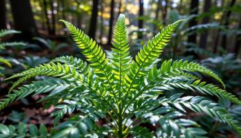 close up view of fern leaves unfolding in a symmetrical pattern against a shaded forest backdrop. photo