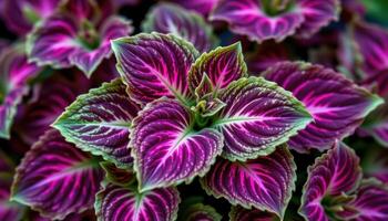 close up view of coleus leaves displaying vivid purple and green patterns. photo