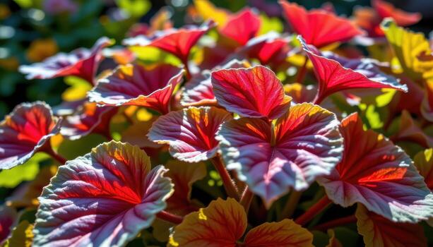 close up view of red veined amaranth leaves glowing in dappled sunlight. photo