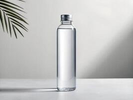 Clear Plastic Water Bottle with Silver Cap on White Background photo
