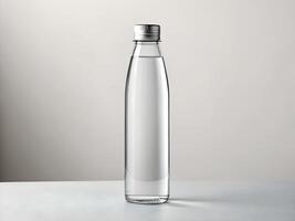 Clear Glass Water Bottle with Silver Cap on White Background photo