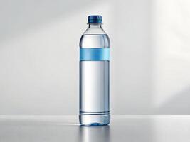 Clear Plastic Water Bottle with Blue Cap and Label on White Table photo