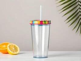 Clear Plastic Tumbler with Colorful Lid and Straw on White Table photo