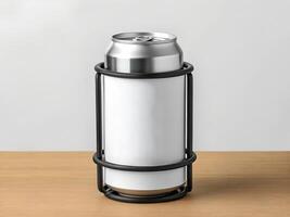 a can of beer sitting on top of a black holder photo