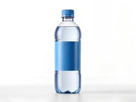 Clear Plastic Water Bottle with Blue Cap and Label on White Background photo