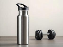 Silver Water Bottle and Black Dumbbell on Dark Table photo