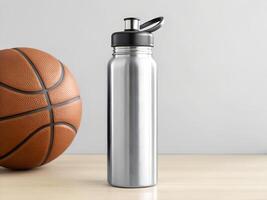 Silver Metal Water Bottle and Orange Basketball on Wooden Table photo