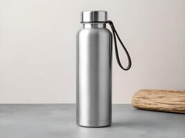 Silver Metal Water Bottle with Loop on Grey Background photo