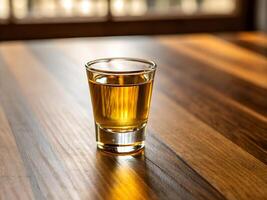 Golden Alcoholic Drink in Shot Glass on Wooden Table photo
