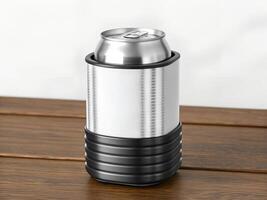 Silver and Black Can Cooler on Wooden Table photo
