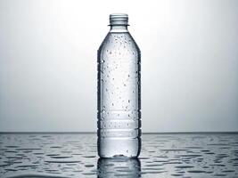 Clear Plastic Water Bottle with Condensation on Reflective Surface photo