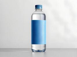 a bottle of water with a blue label on it photo