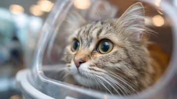 Calm Cat Relaxed in Transparent Travel Carrier at Veterinary Clinic With Blurred Background and Minimal Distractions Nearby photo