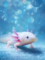 Colorful Axolotl Swimming in Clear Water With Bubbly Background Creating a Serene Aquatic Environment photo