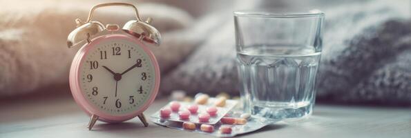 Morning Routine With Bedside Clock, Glass of Water, and Medications on Cozy Blanket During Early Hours photo