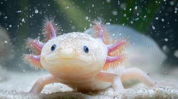 Colorful Axolotl Swimming in Clean Water With Light Bubbles and Sandy Bottom During Daytime photo