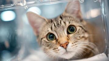 Calm Cat Resting in Transparent Travel Carrier at Veterinary Clinic With Blurred Background photo