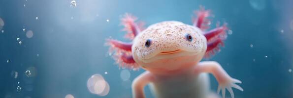 Vibrant Axolotl Swimming Gracefully in a Pristine Aquatic Environment Filled With Soft Light Bubbles photo