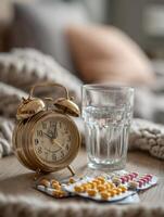 Morning Routine With Bedside Alarm Clock, Glass of Water, and Medication in a Cozy Bedroom Setting photo