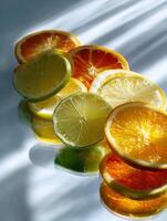 Bright Citrus Slices Arranged on a Glass Table Reflecting Light, Showcasing a Vibrant Arrangement With an Empty Upper Third Space photo