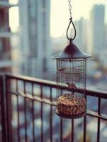 Bird Enjoying Seeds From Stylish Feeder on Balcony Overlooking Cityscape at Dawn photo