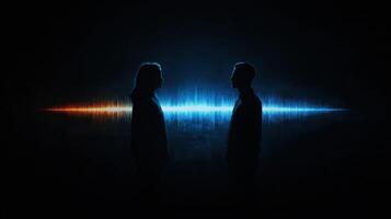 Audio Waveform Glows Between Two Silhouettes Creating a Captivating Contrast in a Dark Environment photo