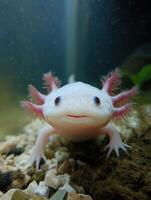 Smiling Axolotl Exploring Clean Tank With Upper Third Free and Clear Lighting Displaying Vivid Features photo