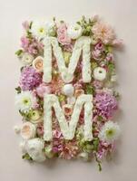 Bouquet of Soft-Toned Flowers Creating the Word MOM Arranged Artistically on a Light Background for a Heartfelt Tribute photo