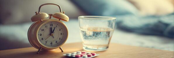 Morning Alarm Clock and Glass of Water With Medication on Bedside Table During Light Morning Hours photo