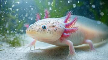 Colorful Axolotl Swims Gracefully in a Clean Aquatic Environment Filled With Light Bubbles and Clear Sand photo