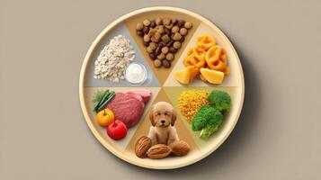 Balanced Nutrition for Dogs Displayed in a Colorful Plate Layout Featuring Various Food Groups and a Puppy photo